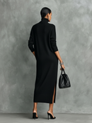 Women's Elegant Black Knitted Turtleneck Long-sleeved Loose-fitting  Midi Dress With No Pockets