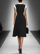Women's Colorblock Square Neck Cap Shoulder Sleeve Waist Midi Dress