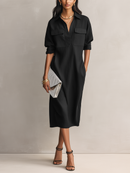 Women's Elegant Black Cotton-linen Blend Shirt Collar Short-sleeved Midi Dress