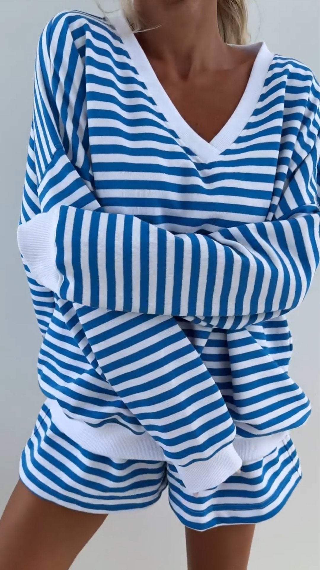 Women's V-Neck Striped Long Sleeve Two Piece Set – Casual Outfit