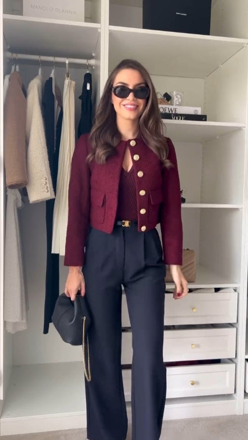 Women's Burgundy Tweed Three Piece Set – Elegant Jacket Outfit