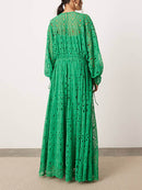 Women's V-Neck Oversize Maxi Lace Dress With Gathered Waist – Elegant Flow Dress