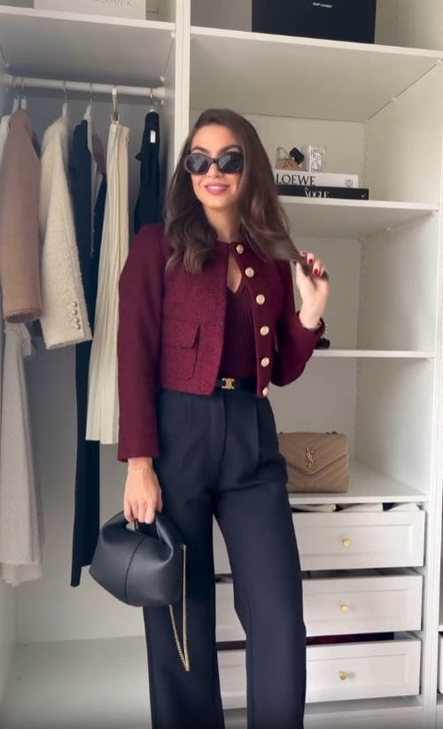 Women's Burgundy Tweed Three Piece Set – Elegant Jacket Outfit