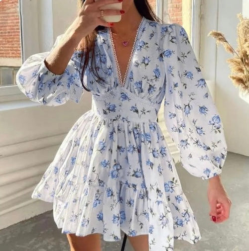 Women's V-Neck Floral Mini Dress with Long Puff Sleeves – Stylish Party Dress