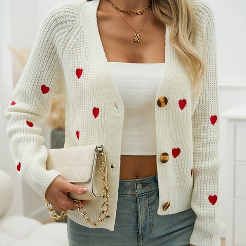 Women's V-Neck Heart Print Knit Cardigan – Button-Up Sweater