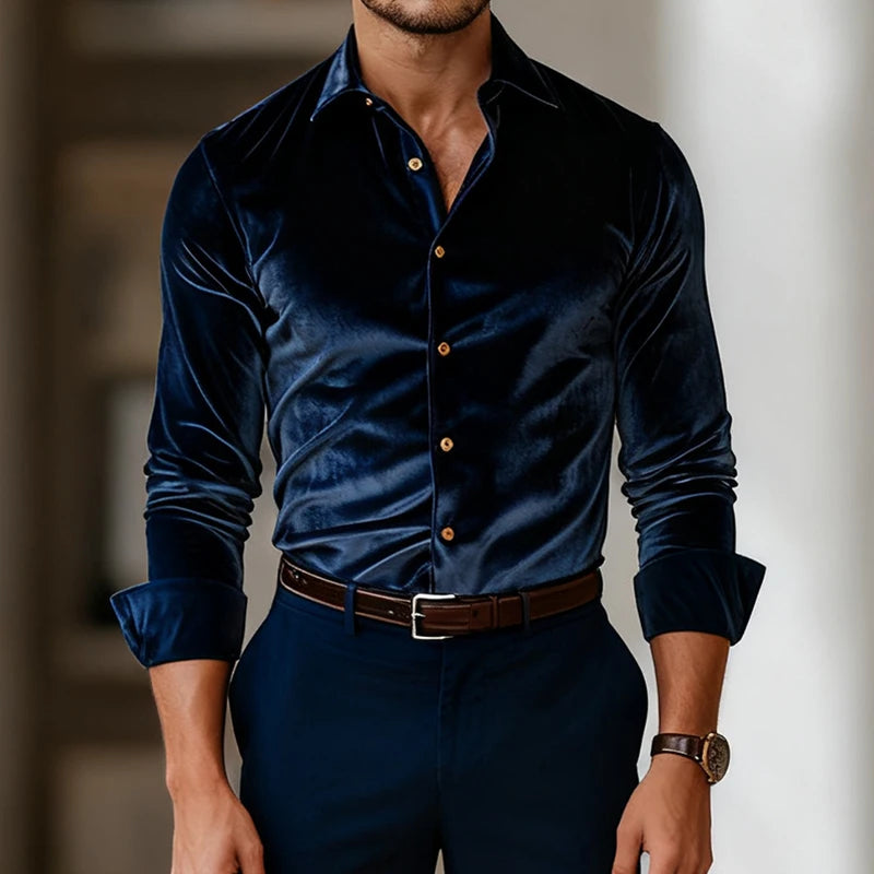 Men's Buttoned Down Long Sleeve Fitted Velvet Shirt – Luxury Dress Shirt