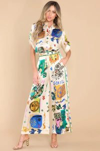 Women's Oversized Ivory Print Shirt And Pants Set – Relaxed Chic Outfit