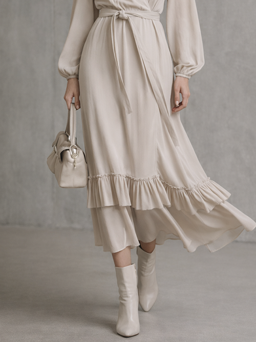 Women's Beige Cotton Blend Long-Sleeve Ruffled Wrap Midi Dress