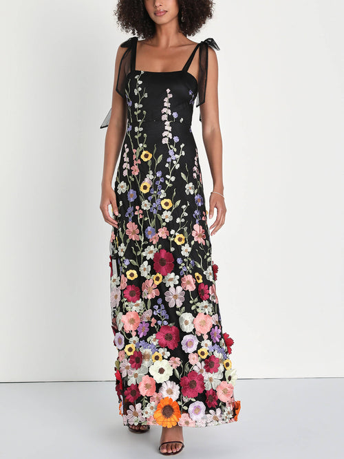 Women's Elegant 3D Embroidered Floral Maxi Dress – Luxury Evening Dress