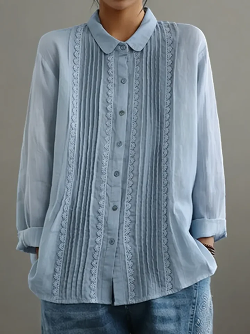 Women's White Pintuck Lace-Trim Longsleeve Shirt – Elegant Feminine Top