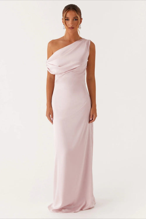 Women's Solid Asymmetric Neckline Formal Maxi Dress – Evening Gown