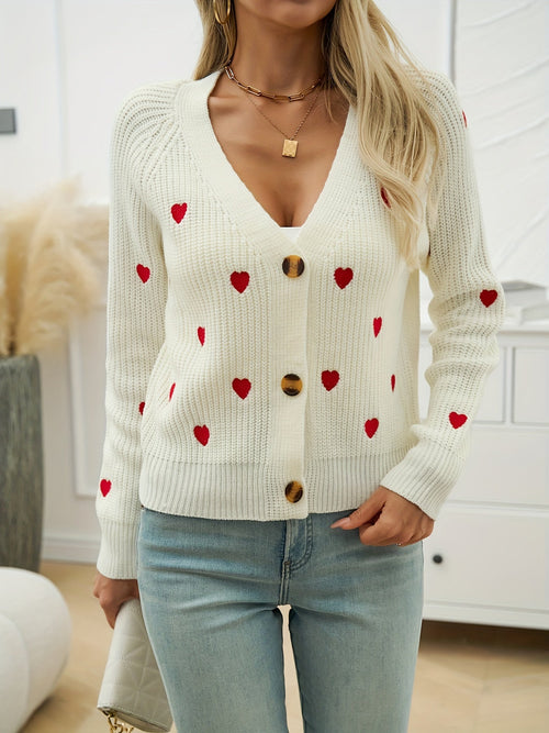 Women's V-Neck Heart Print Knit Cardigan – Button-Up Sweater