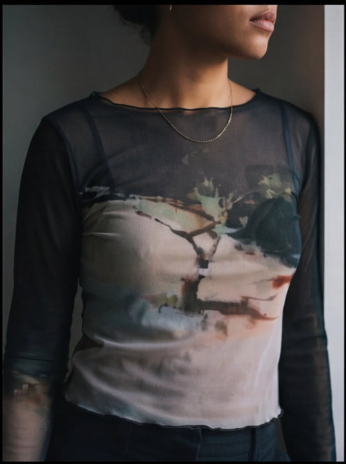 Abstract Print Black Mesh Long Sleeve Sheer Top