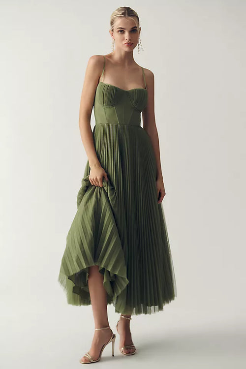 Women's Pleated Corset Midi Dress – Elegant Sleeveless Dinner Dress