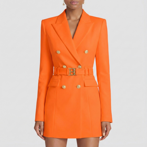 Women’s Double-Breasted Blazer Dress with Satin Lapel – Elegant Evening & Workwear