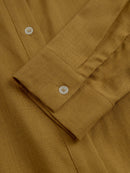 Women's Mustard Elegant Linen Blended Button - Front Belted Midi Shirt Dress