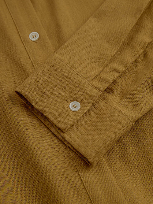 Women's Mustard Elegant Linen Blended Button - Front Belted Midi Shirt Dress