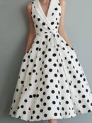 Women's Elegant Black And White Polka Dot Woven Collared Sleeveless Midi Dress