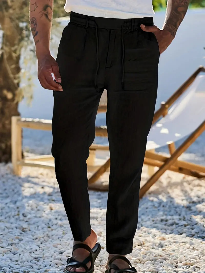 Men's Wide-Leg Linen Trousers – Drawstring Casual Summer Pants