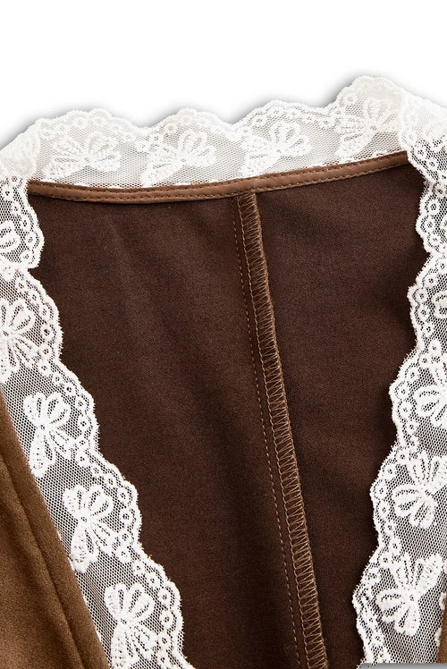 Women's Western Suede Shirt With Lace Sleeves – Brown Cowgirl Blouse