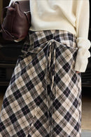 Asymmetric Color Block Plaid Midi Skirt