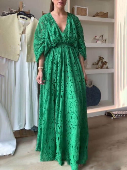 Women's V-Neck Oversize Maxi Lace Dress With Gathered Waist – Elegant Flow Dress