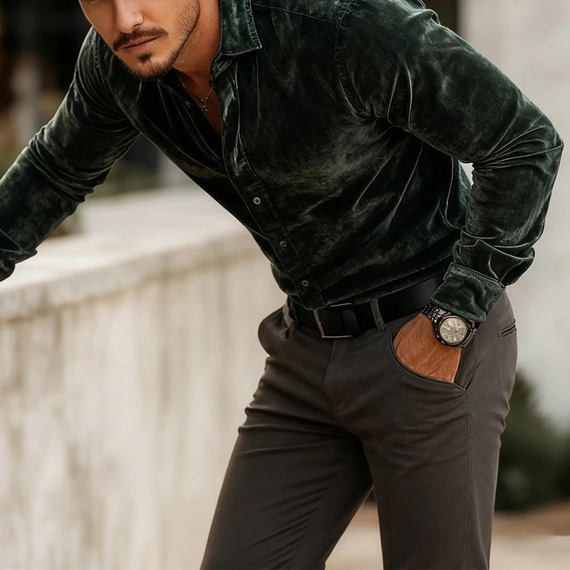 Men's Buttoned Down Long Sleeve Fitted Velvet Shirt – Luxury Dress Shirt