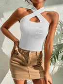 Women's Sleeveless Stretch Knit Top With Heart-Shaped Crossover Neck