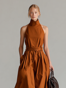 Women's Rust Cotton Dress With Halter Neck & Self-Tie Waist Belt, Timeless Minimalist-Elegant Style Dress
