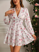 Women's V-Neck Floral Mini Dress with Long Puff Sleeves – Stylish Party Dress