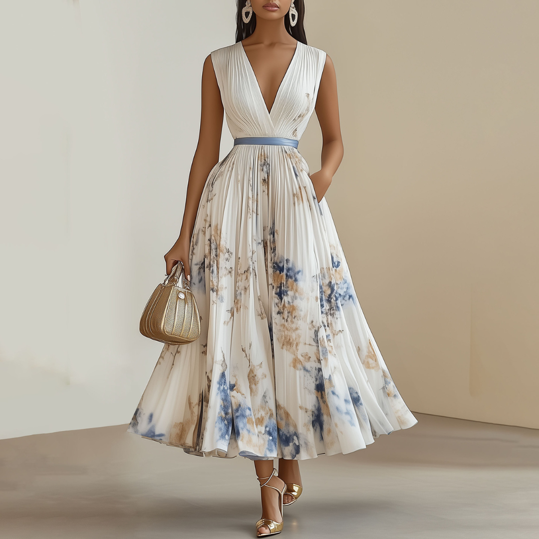 Women’s Sleeveless Pleated Floral Dress - Elegant Ceremony Midi Gown