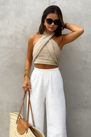Beige Halter Crop Top for Women with Crisscross Design – Lightweight Cotton-Linen Blend Going Out Top 0