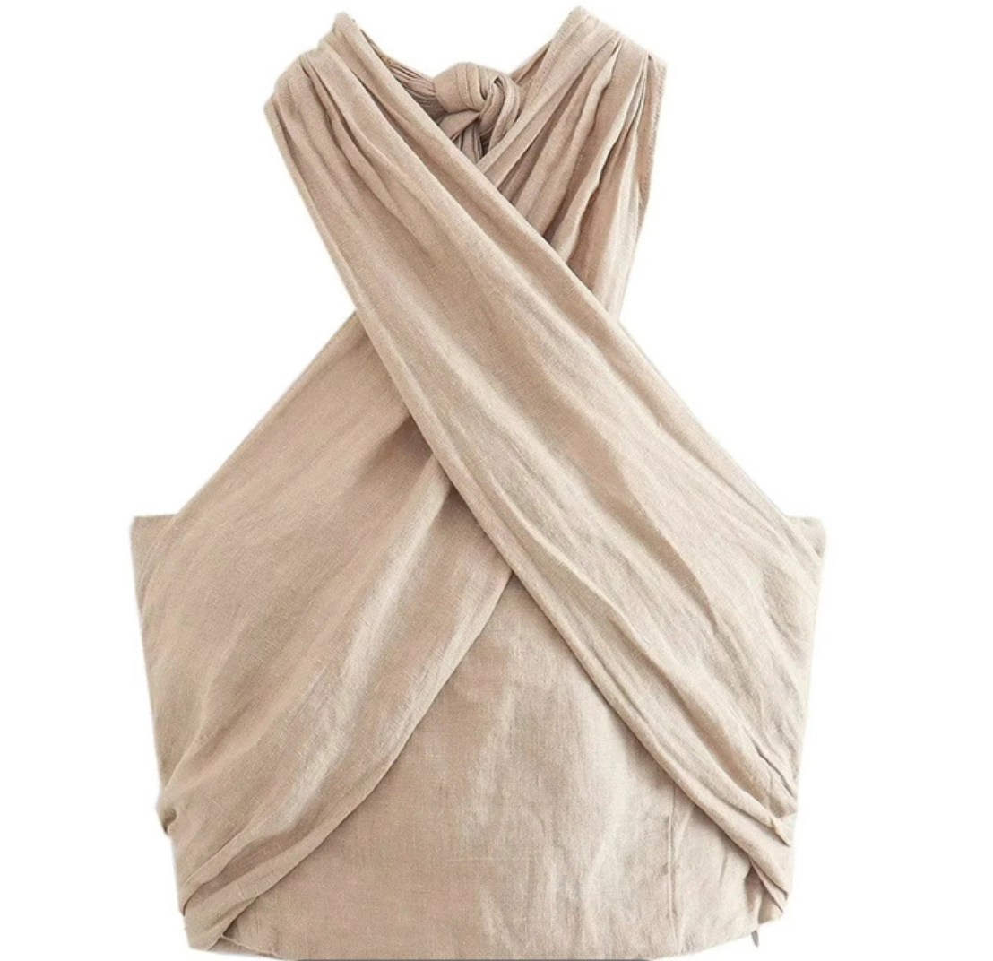 Beige Halter Crop Top for Women with Crisscross Design – Lightweight Cotton-Linen Blend Going Out Top 1