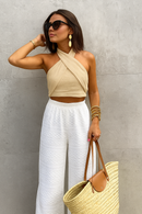 Beige Halter Crop Top for Women with Crisscross Design – Lightweight Cotton-Linen Blend Going Out Top 3