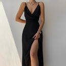 Women's Low V-Neck Sleeveless Maxi Dress With Front Slit – Elegant Evening Gown