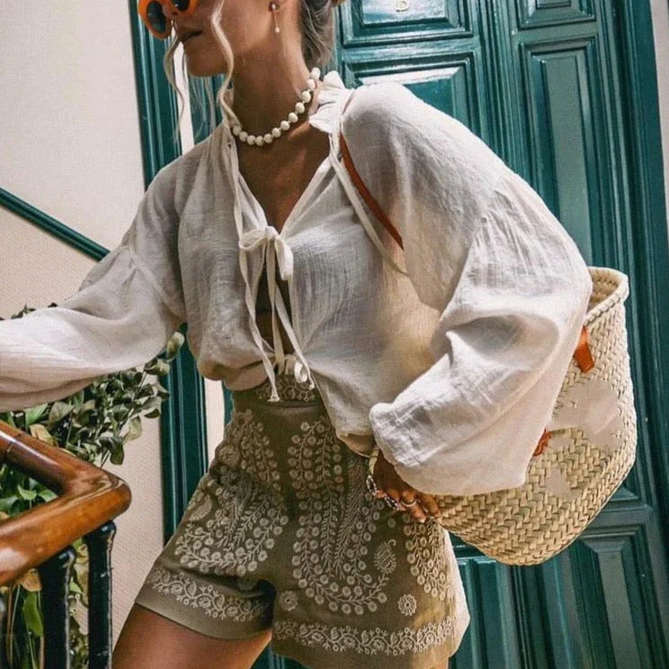 Boho-Style Women's Shorts with Floral Embroidery – Breathable Linen High Waist Summer Shorts 4