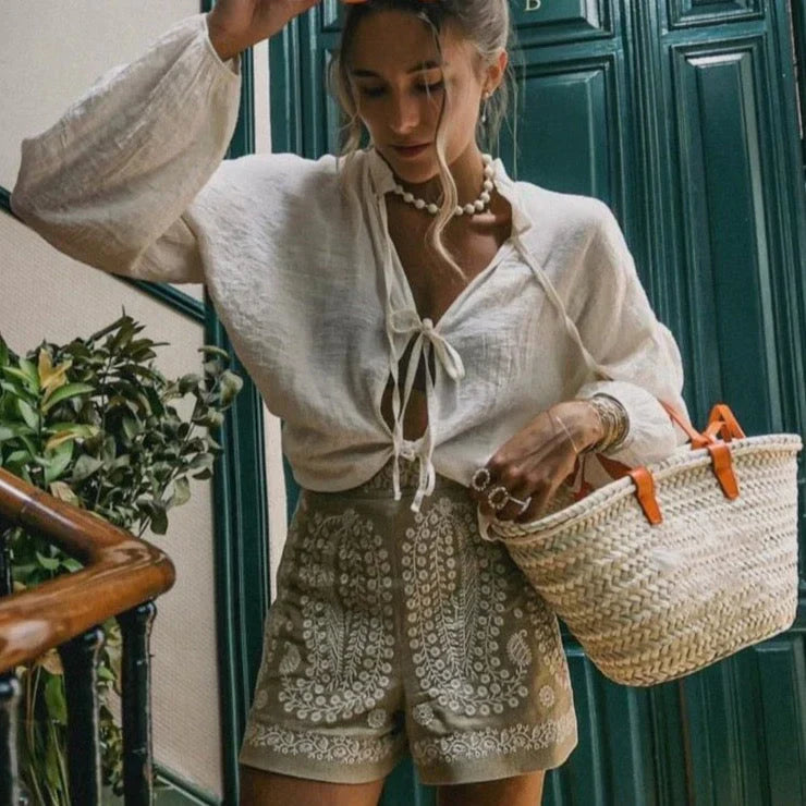 Boho-Style Women's Shorts with Floral Embroidery – Breathable Linen High Waist Summer Shorts 5