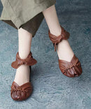 Brown Retro Bow Zippered Splicing Cowhide Leather Hiking Sandals