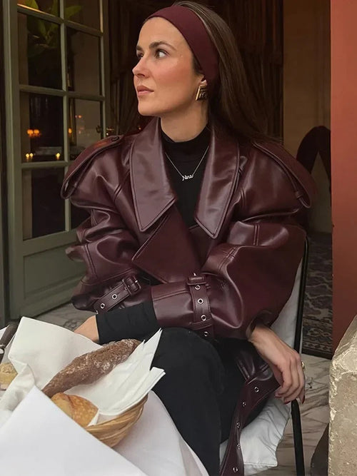 Burgundy Oversized Leather Jacket with Luxurious Shoulder Details