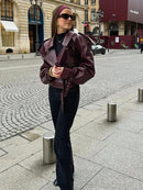 Burgundy Oversized Leather Jacket with Luxurious Shoulder Details 4