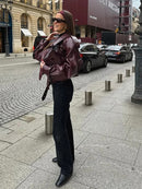 Burgundy Oversized Leather Jacket with Luxurious Shoulder Details 5