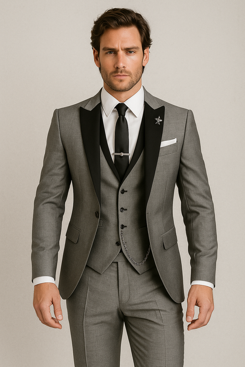 Men’s 3-Piece Slim Fit Suit – Satin Lapel Gilet Elegant Wedding Formal Style