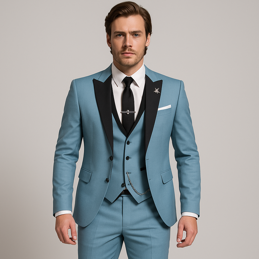 Men’s 3-Piece Slim Fit Suit – Satin Lapel Gilet Elegant Wedding Formal Style