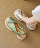 Comfy Splicing Chunky Sandals Green Cowhide Leather Hollow Out