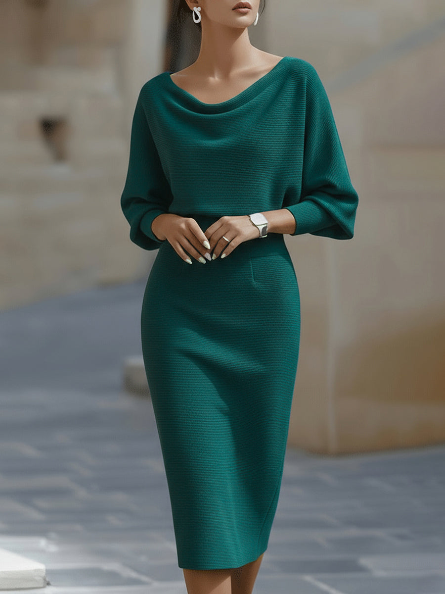 Draped Cowl-Neck Pencil Midi Dress