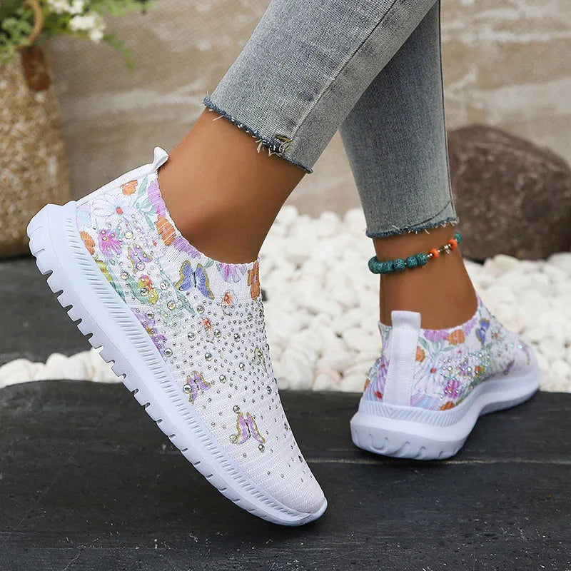 Women's Glitter Knit Platform Sneakers – Floral Pattern Breathable Shoes