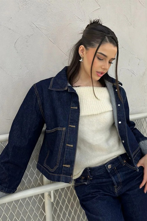 Women Denim Set Cropped Jacket High-Waist Mini Skirt