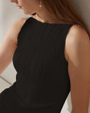 Women's Black Ribbed Sleeveless Dress – Pearl Strap Elegant Midi