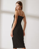 Women's Black Ribbed Sleeveless Dress – Pearl Strap Elegant Midi