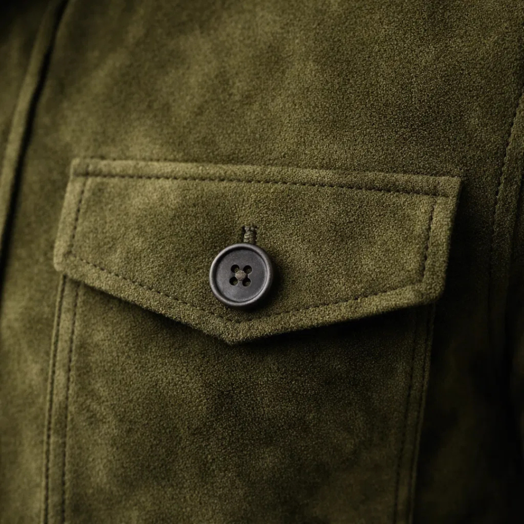 Men's Olive Green Suede Button-Up Jacket – Stylish Casual Outerwear